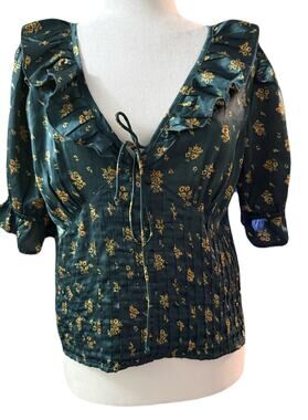 Free People Dark Green Floral Ruffle Tie Front Smocked Open Back Blouse Size L
